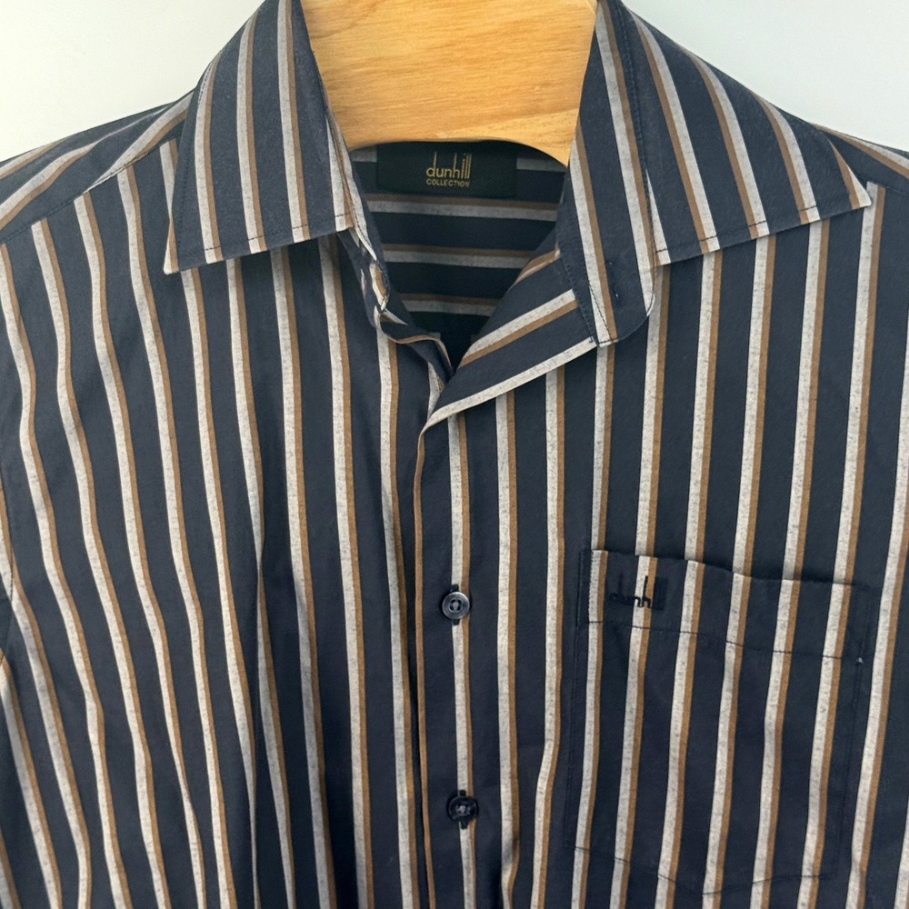 Dunhill Collection Mens Striped Button Front Dress Shirt Navy Brown 17-42 L